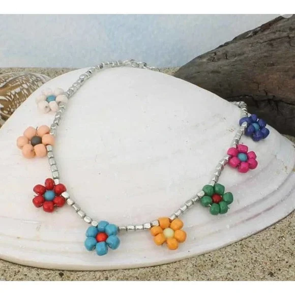 Multi-colored Beaded Floral Silver Boho Anklet - Picture 2 of 2
